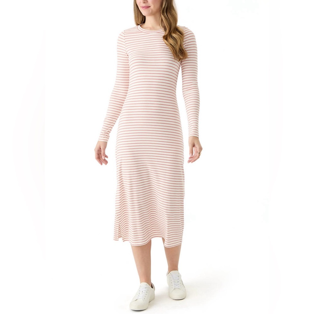 Oak & Trellis Long Sleeve Crew Neck Dress W/Slit, Rust/Ivory Stripe, Med, NWOT
